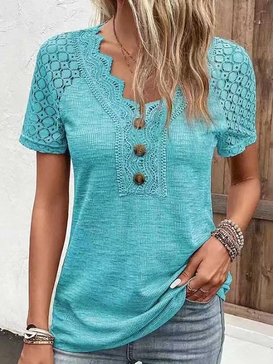 Stunncal Comfortable Casual Lace Splicing V-Neck Pullover Top Women's T-Shirt