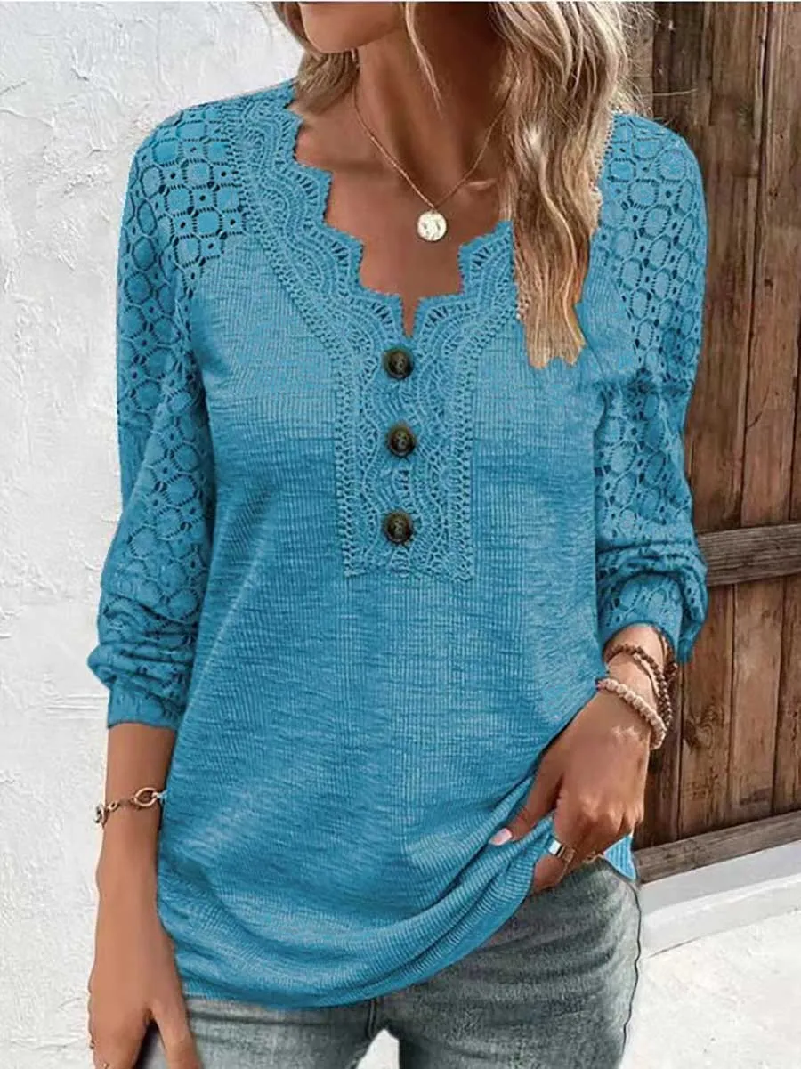 Stunncal Comfortable Casual Lace Splicing V-Neck Pullover Top Women's T-Shirt