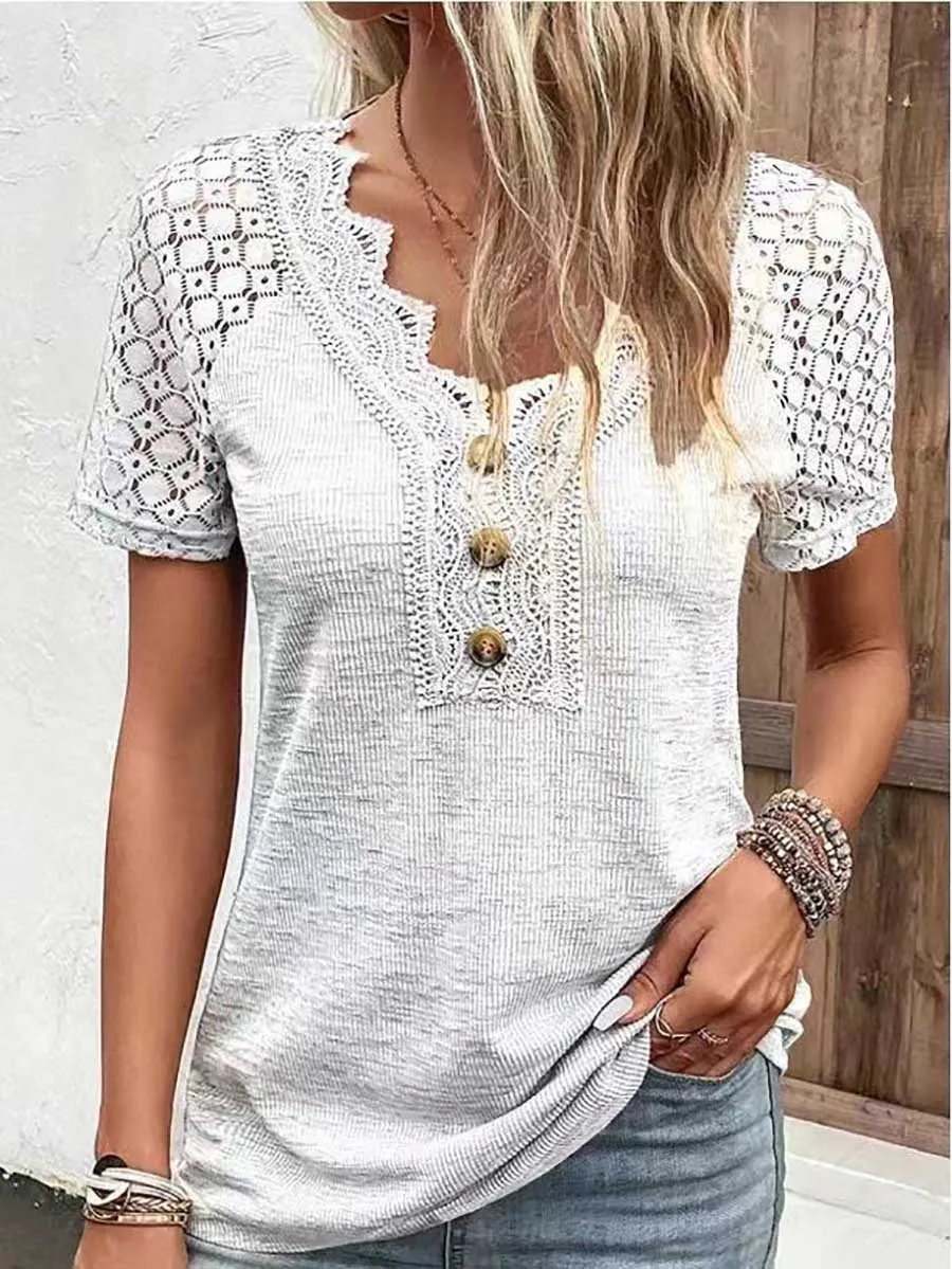 Stunncal Comfortable Casual Lace Splicing V-Neck Pullover Top Women's T-Shirt