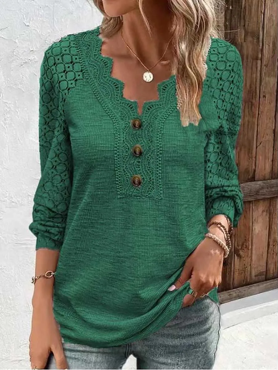 Stunncal Comfortable Casual Lace Splicing V-Neck Pullover Top Women's T-Shirt