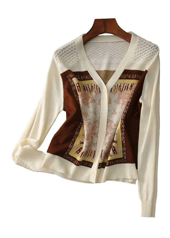 Style Beige V Neck Jacquard Knit Short Cardigans Long Sleeve