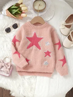 Sweet Stars Pattern Knit Sweater For Girls, Comfy Crew Neck Casual Jumper Top, Girls Spring/ Fall Clothing