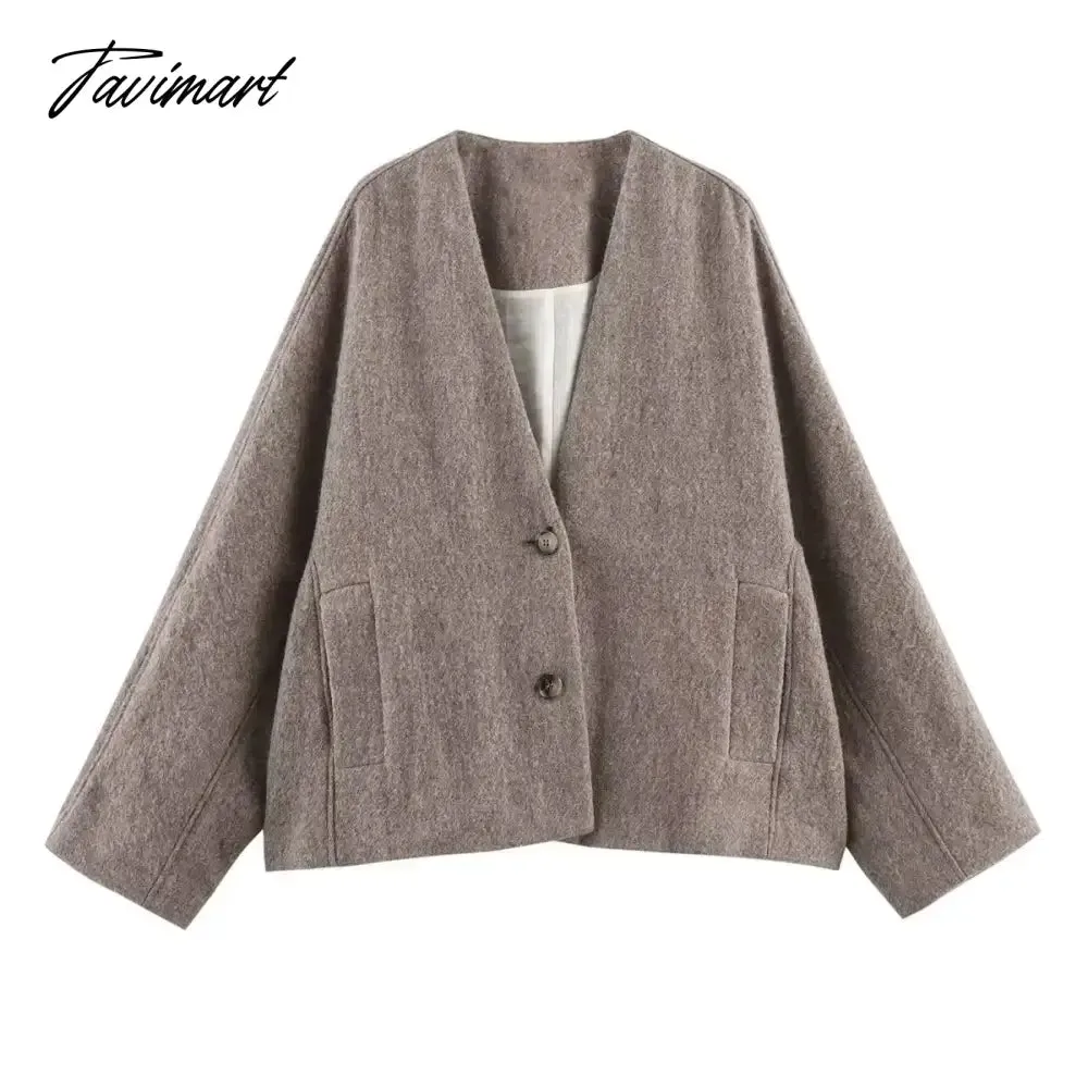 Tavimart Solid Faux Woolen Blend Jacket For Woman 2024 Winter Warm Solid  V-neck Single Breasted Loose Coats Fashion New All-matc Jackets