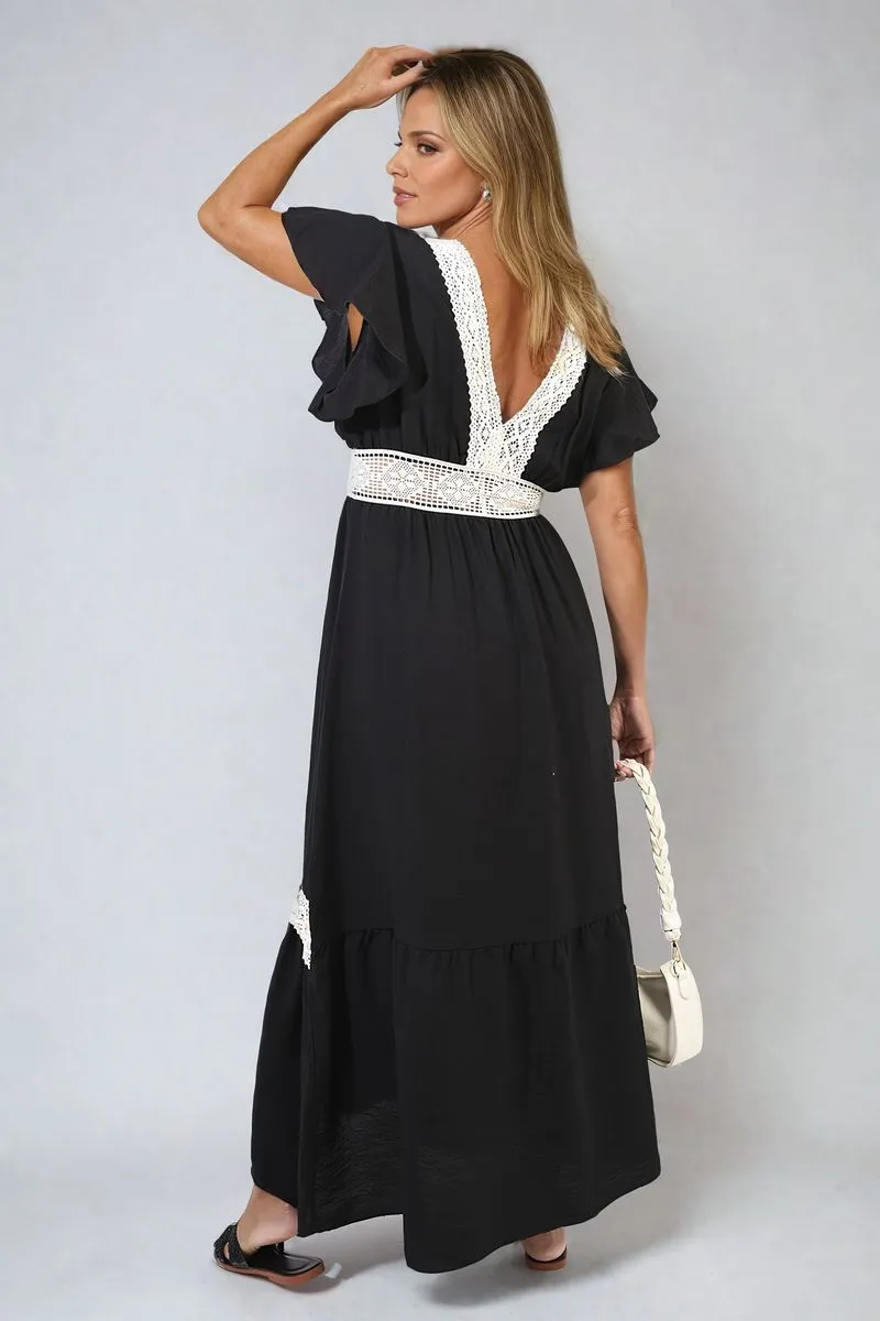 V-neck Lace Trim Maxi Dress