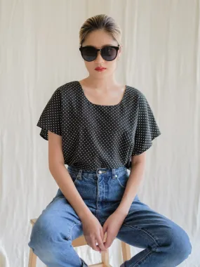 Vintage Black Polka Dot Round Neck Blouse