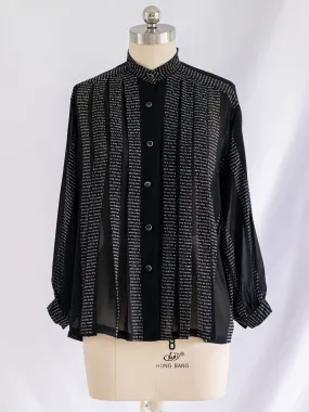 Vintage Pleated Style Black Mandarin Neck Chiffon Blouse