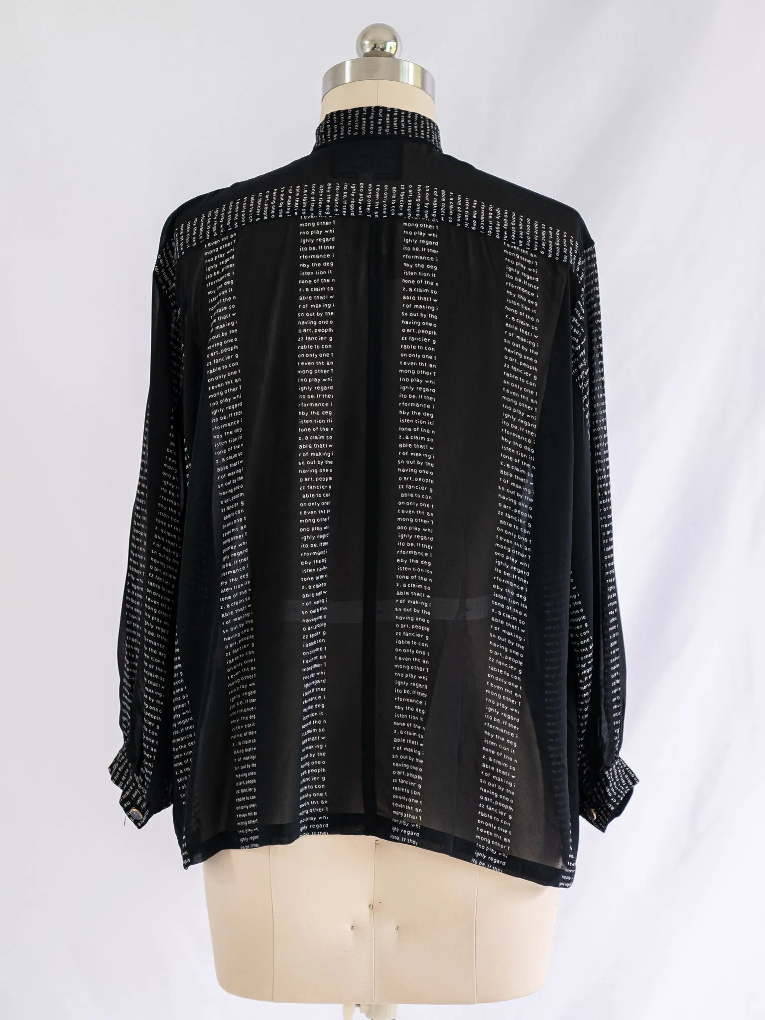 Vintage Pleated Style Black Mandarin Neck Chiffon Blouse