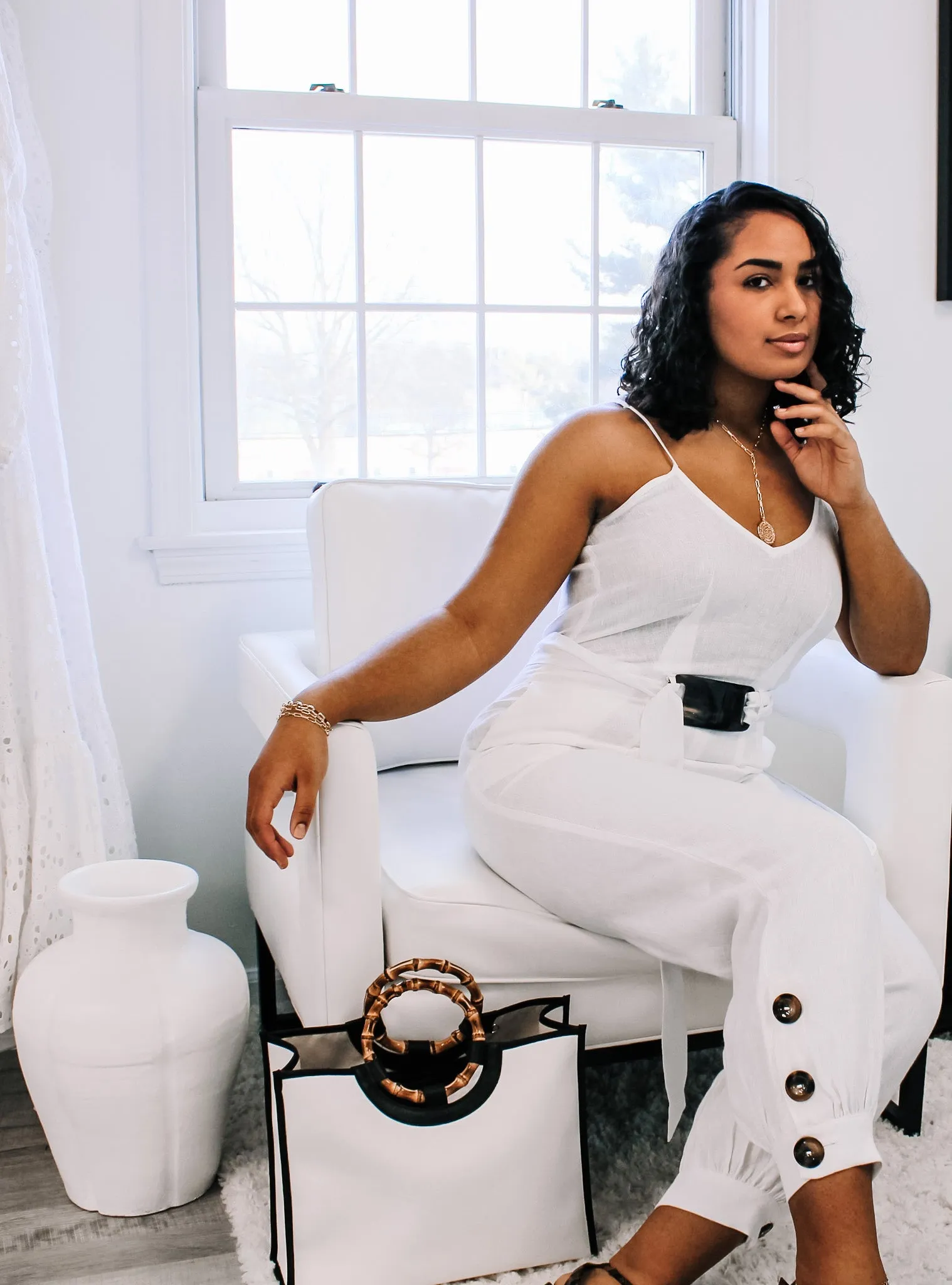 White Linen Jumpsuit by Adriana Contreras