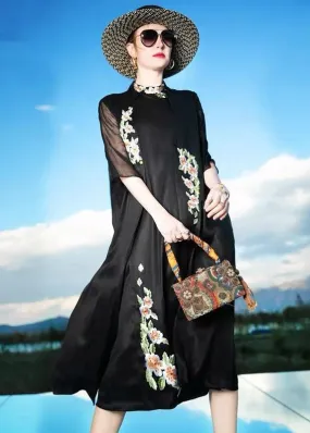 Women Black Embroideried Patchwork Silk Cardigans Summer LC0230