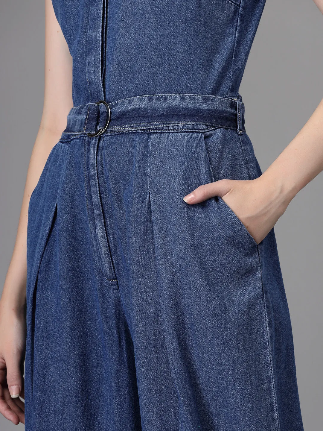 Women Blue Collar Neck Solid Jump Suit