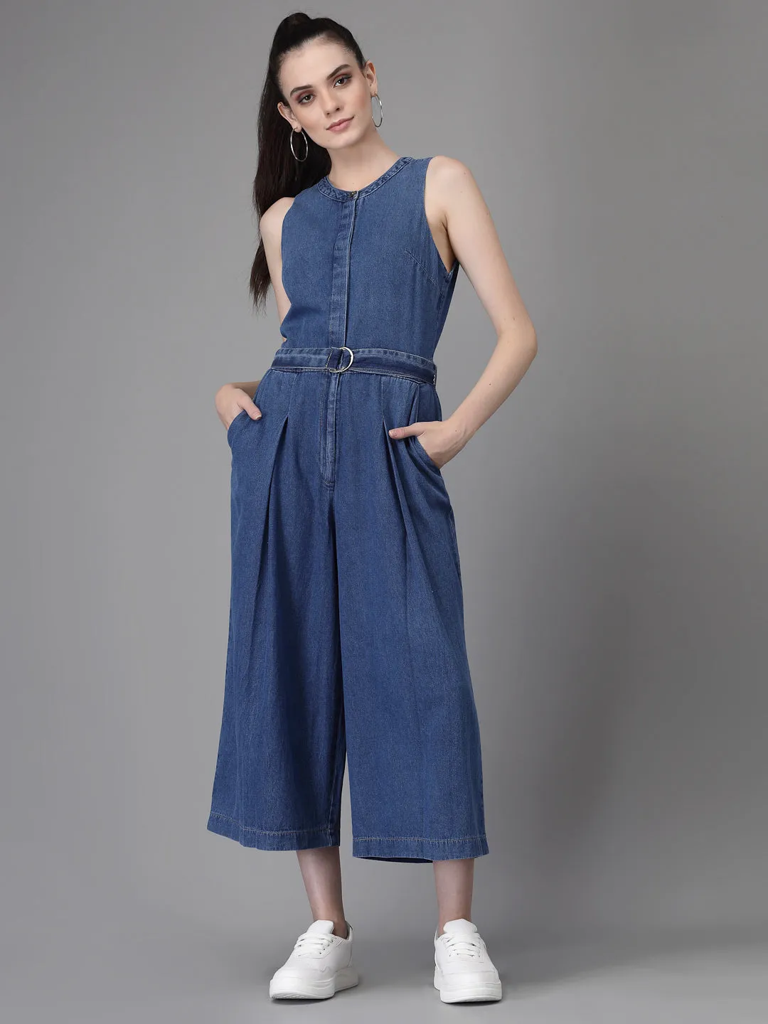 Women Blue Collar Neck Solid Jump Suit