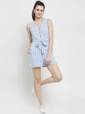 Women Blue Striped V-Neck Jumpsuit