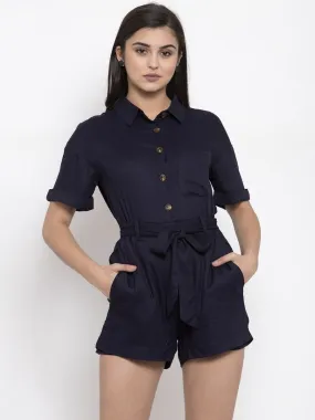 Women Navy Solid Shirt Collar Playsuit