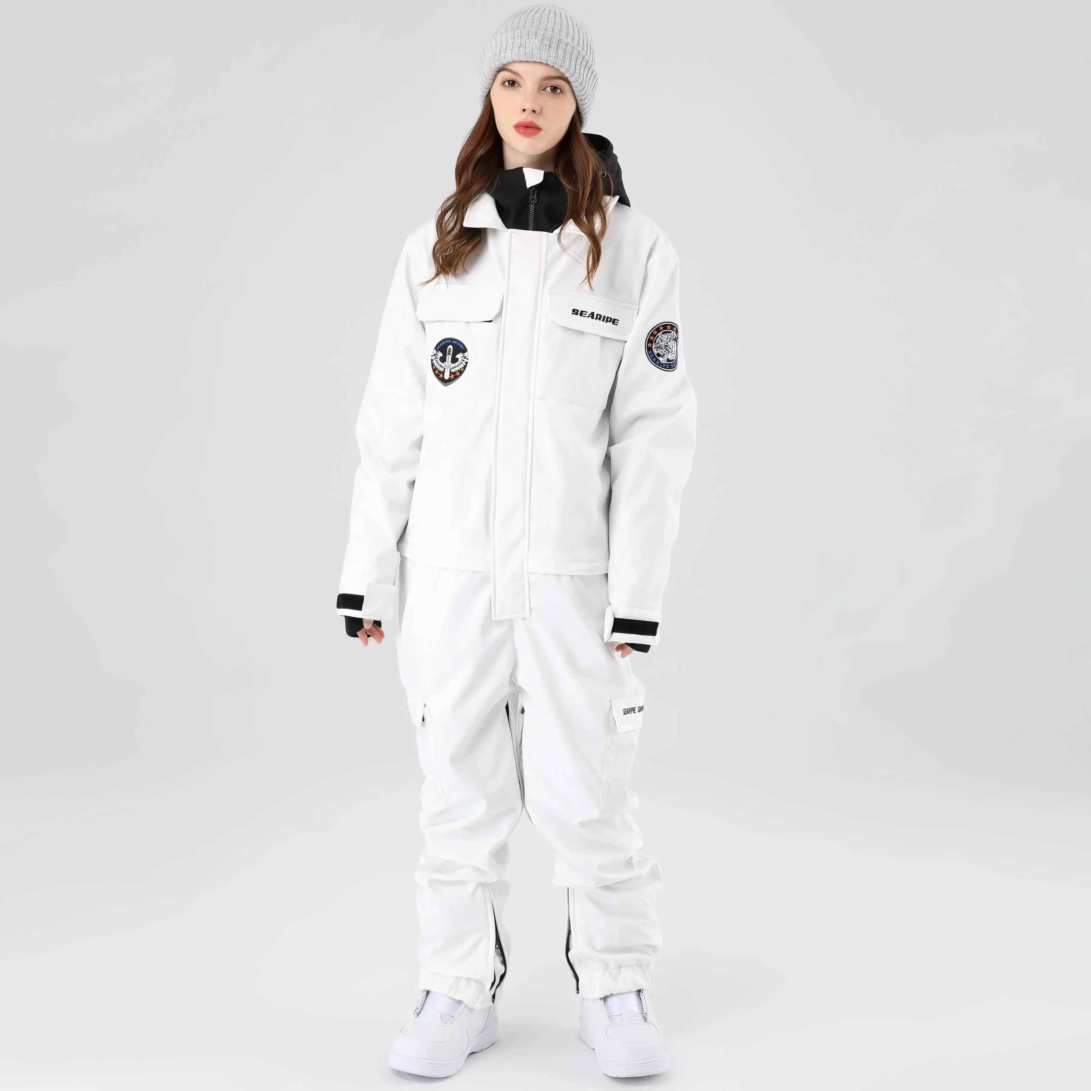 Women One Piece Ski Suits Hooded Cargo Ski Jumpsuits