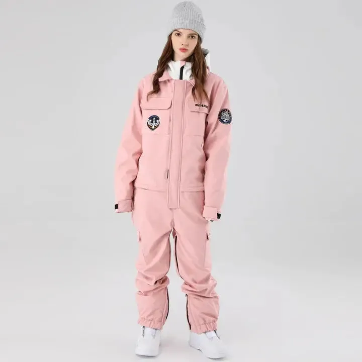 Women One Piece Ski Suits Hooded Cargo Ski Jumpsuits