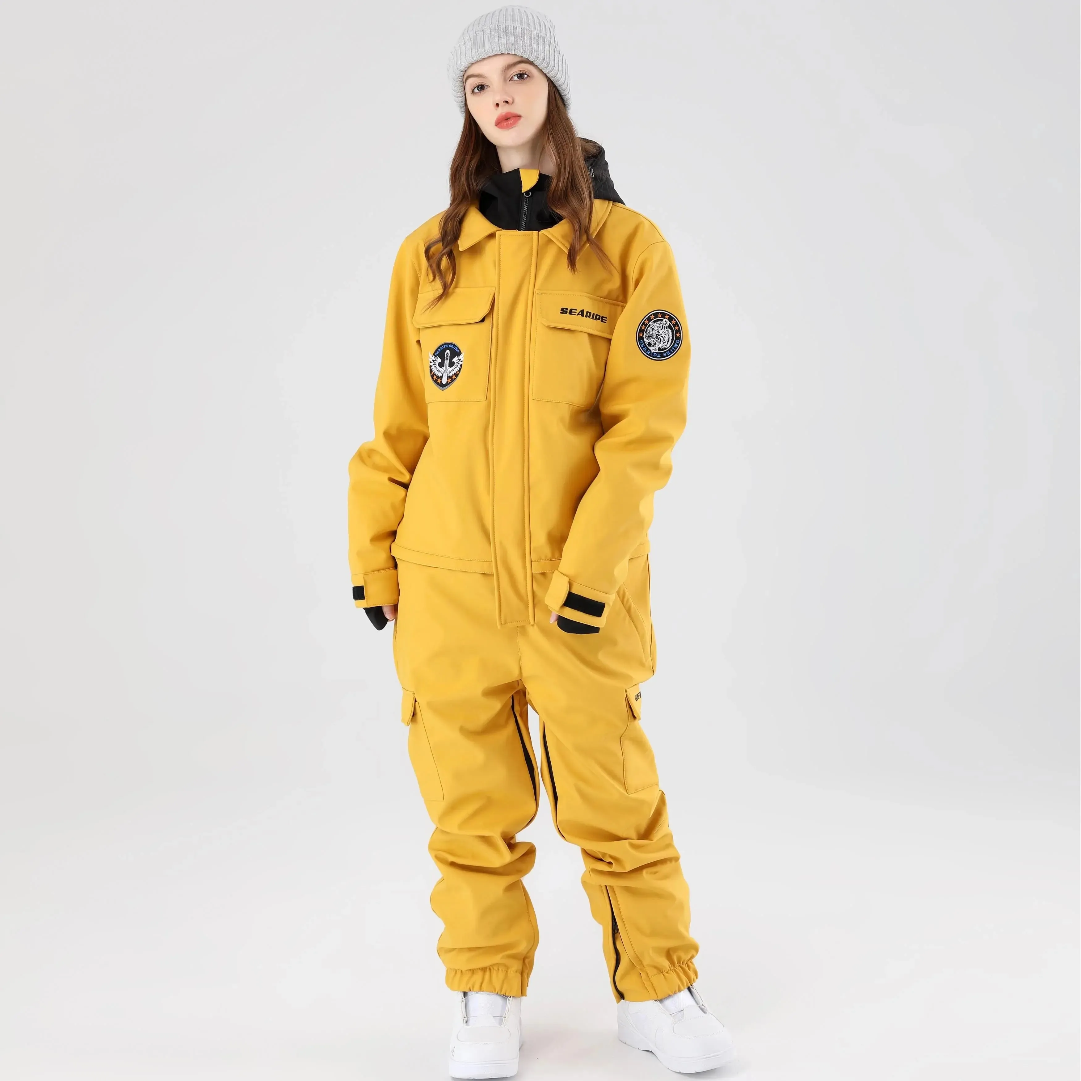 Women One Piece Ski Suits Hooded Cargo Ski Jumpsuits