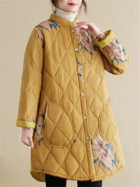 Women's Country Style Stand Collar Button Mid-Length Warm Cotton Coat