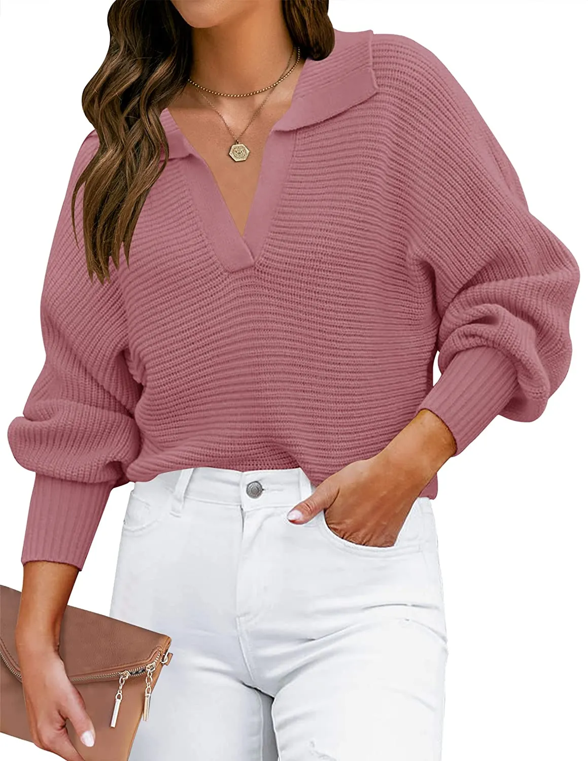 ZESICA Collar V Neck Long Sleeve Ribbed Knit Sweater