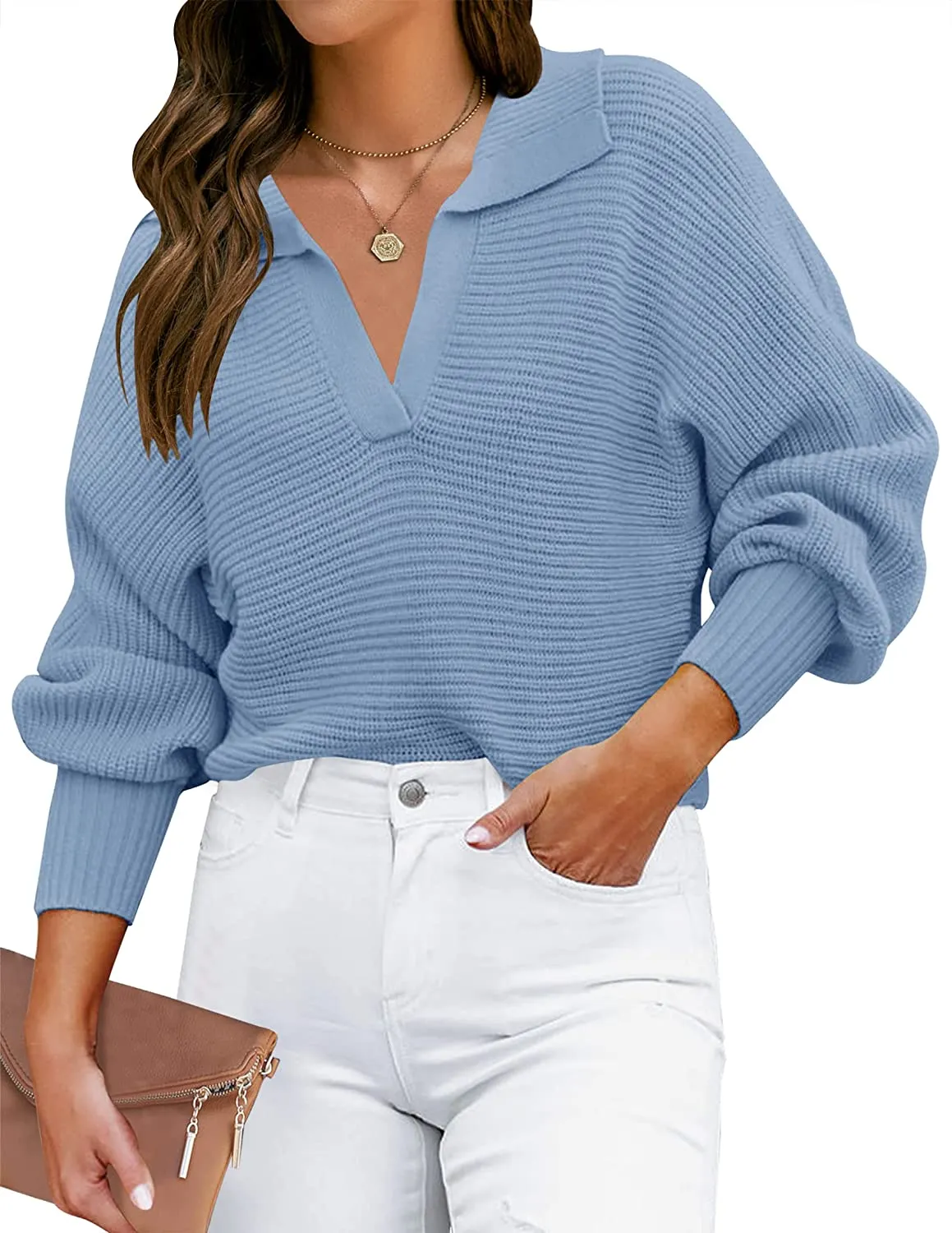 ZESICA Collar V Neck Long Sleeve Ribbed Knit Sweater