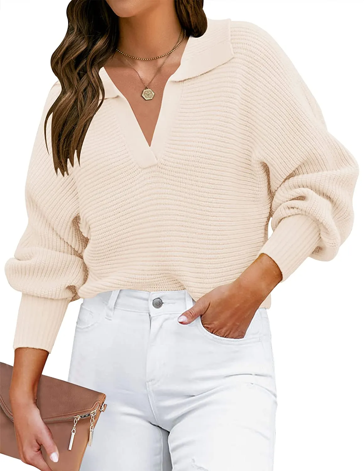 ZESICA Collar V Neck Long Sleeve Ribbed Knit Sweater