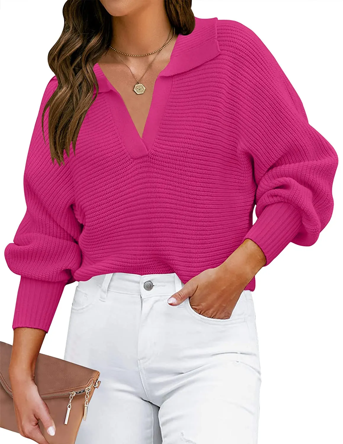 ZESICA Collar V Neck Long Sleeve Ribbed Knit Sweater