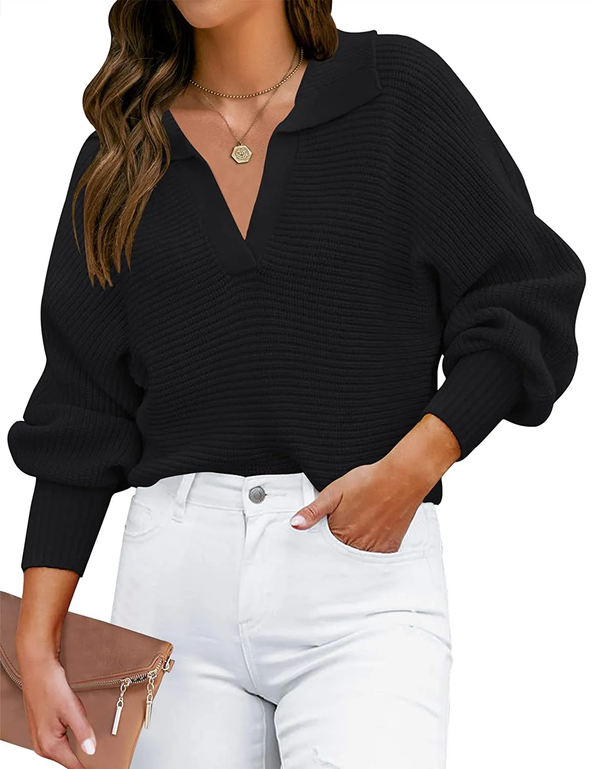 ZESICA Collar V Neck Long Sleeve Ribbed Knit Sweater